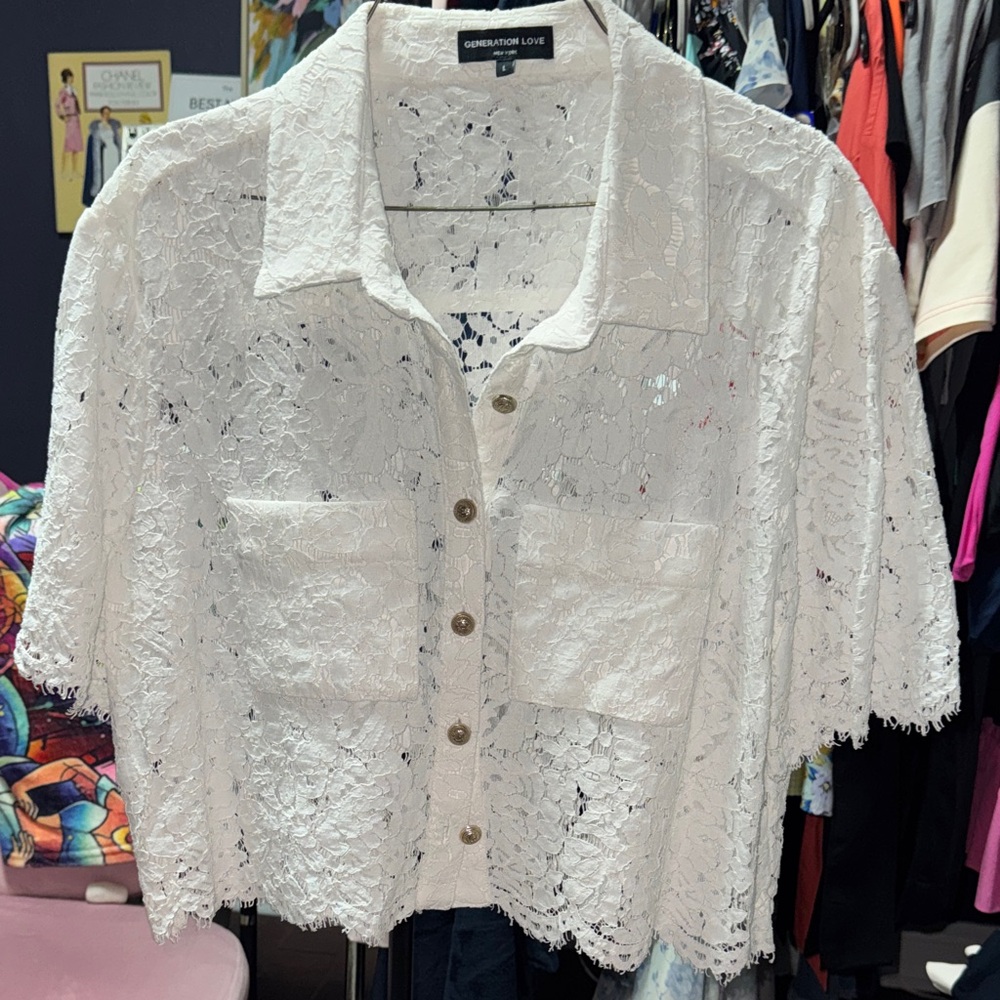 Generation Love White Lace Cropped Button-Down Shirt